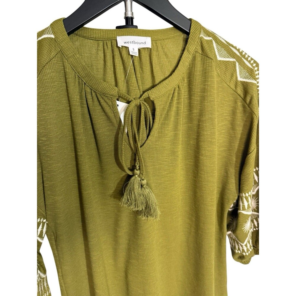 NWT Westbound S Small Olive Green Embroidered Ribbed Knit 3/4 Sleeve Peasant Top - Picture 5 of 10